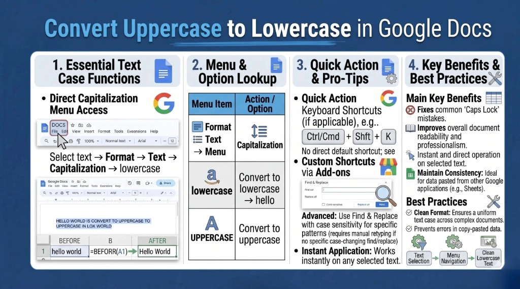 Google Docs capitalization menu showing steps to convert uppercase text to lowercase using the Format → Text → Capitalization option.