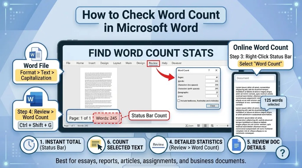 How to check word count in Microsoft Word using the status bar and Review tab
