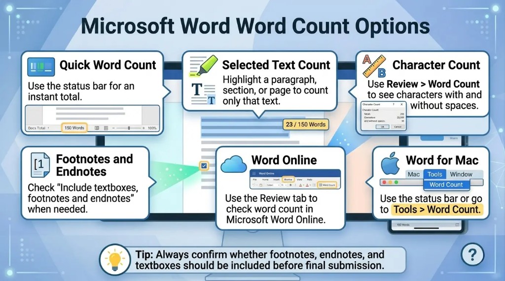 Microsoft Word word count options for selected text, characters, footnotes, and textboxes