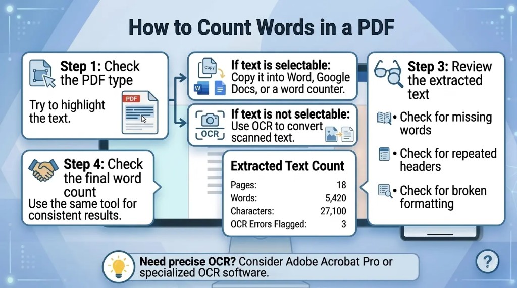 Infographic showing simple methods to count words in a PDF file