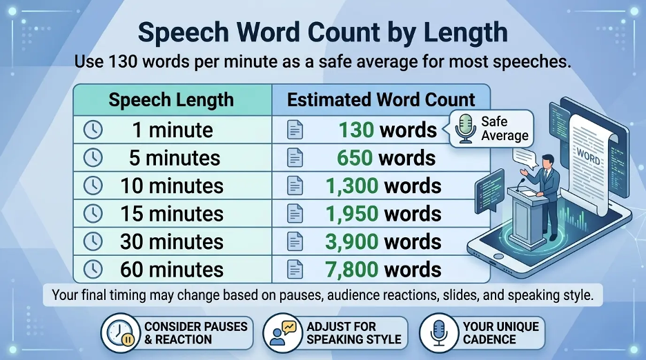 Speech word count chart showing how many words are needed for 1, 5, 10, 15, 30, and 60-minute speeches