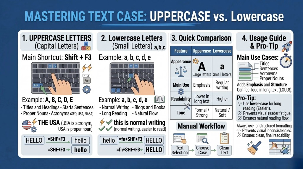 Infographic comparing uppercase and lowercase letters, showing differences in usage, readability, tone, and examples in writing.