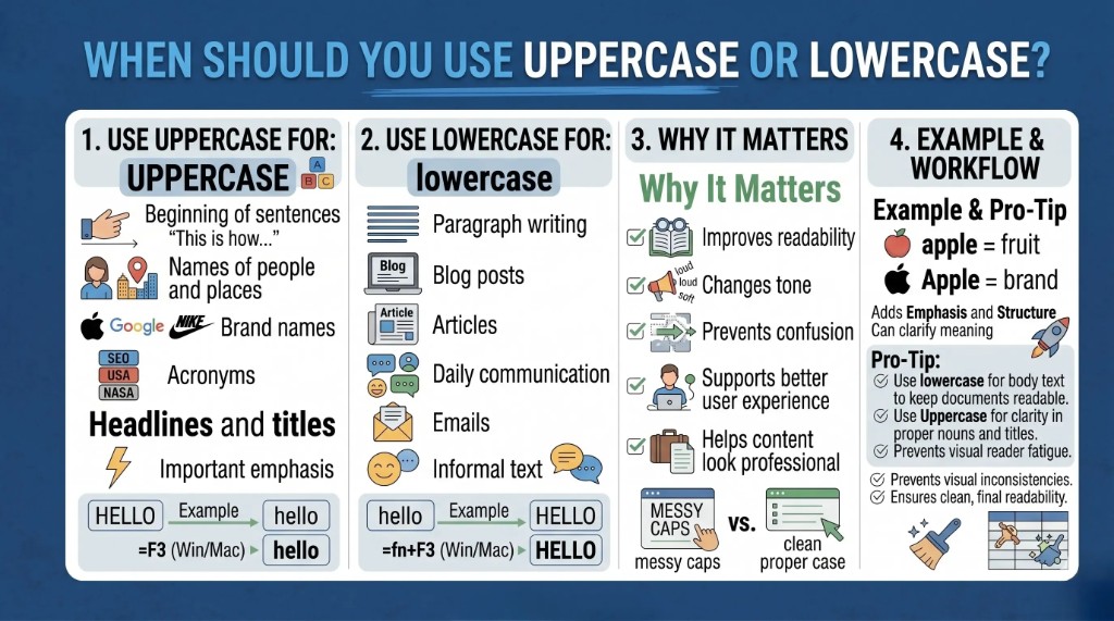 Infographic explaining when to use uppercase and lowercase letters in writing, including examples, rules, and readability benefits.