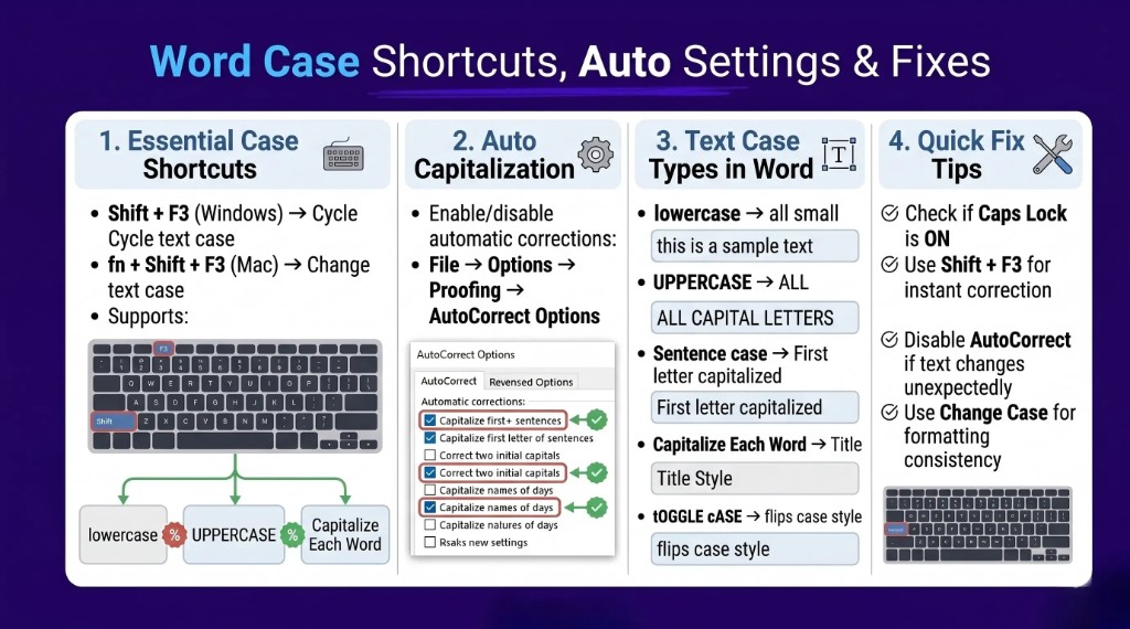 Microsoft Word text case shortcuts including Shift F3, AutoCorrect settings, and different case types like uppercase, lowercase, and sentence case explained