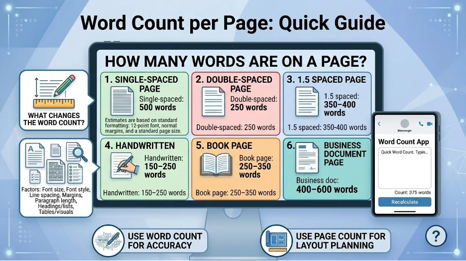 Infographic showing average word count per page for single-spaced, double-spaced, handwritten, book, blog, and business documents