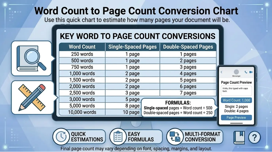 Word count to page count conversion chart comparing single-spaced and double-spaced pages from 250 to 10000 words