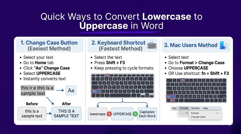 How to convert lowercase to uppercase in Microsoft Word using Change Case button, Shift F3 shortcut, and Mac methods for quick text formatting