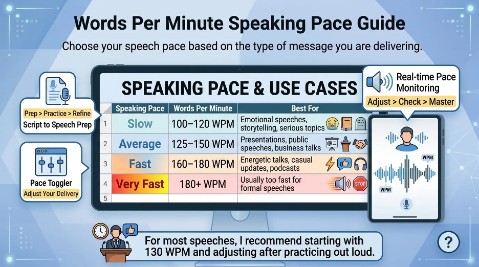 Words per minute speaking pace guide comparing slow, average, fast, and very fast speech speeds