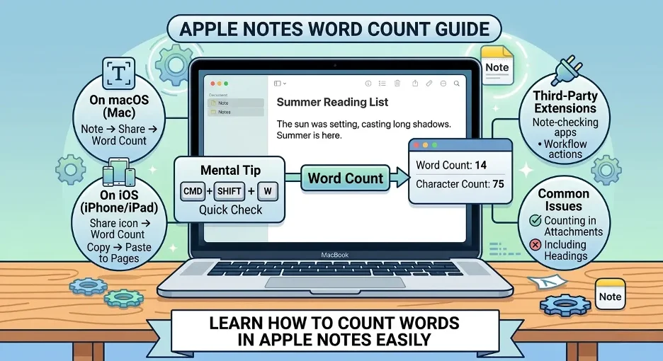 Infographic showing the best ways to count words in Apple Notes on Mac, iPhone, and iPad