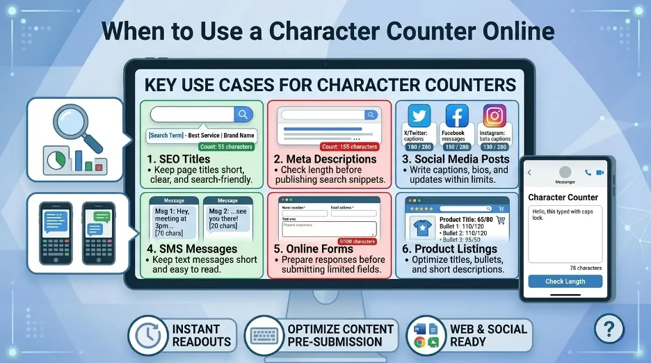 Infographic showing common uses of a character counter online for SEO, social media, SMS, forms, and writing