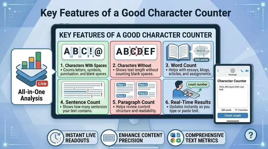 Infographic explaining key features of a good character counter tool including spaces, words, sentences, and paragraphs