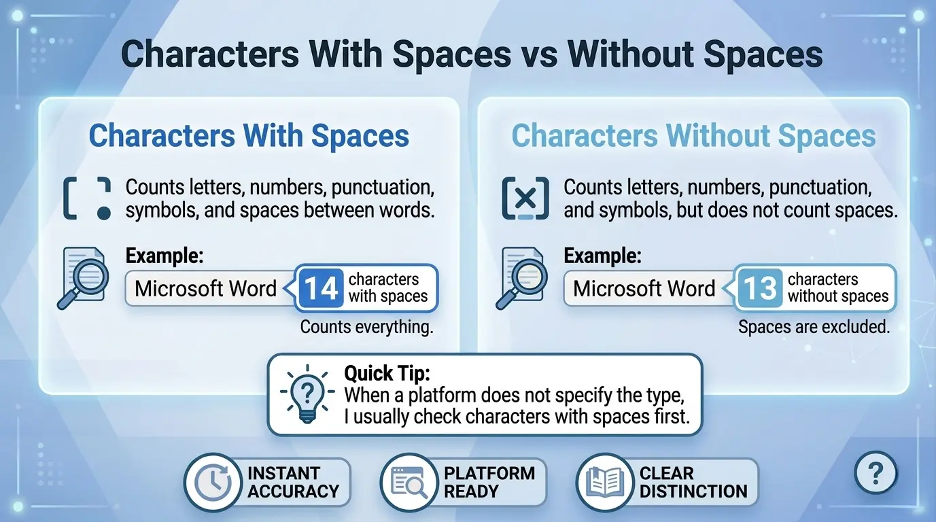 Infographic explaining characters with spaces vs characters without spaces in Microsoft Word