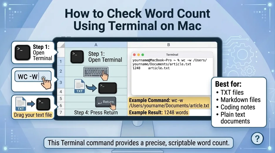 Terminal on Mac showing the wc -w command used to check the word count of a text file.