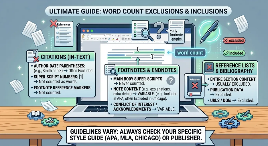 Infographic explaining whether citations, references, footnotes, and bibliographies count in academic word count
