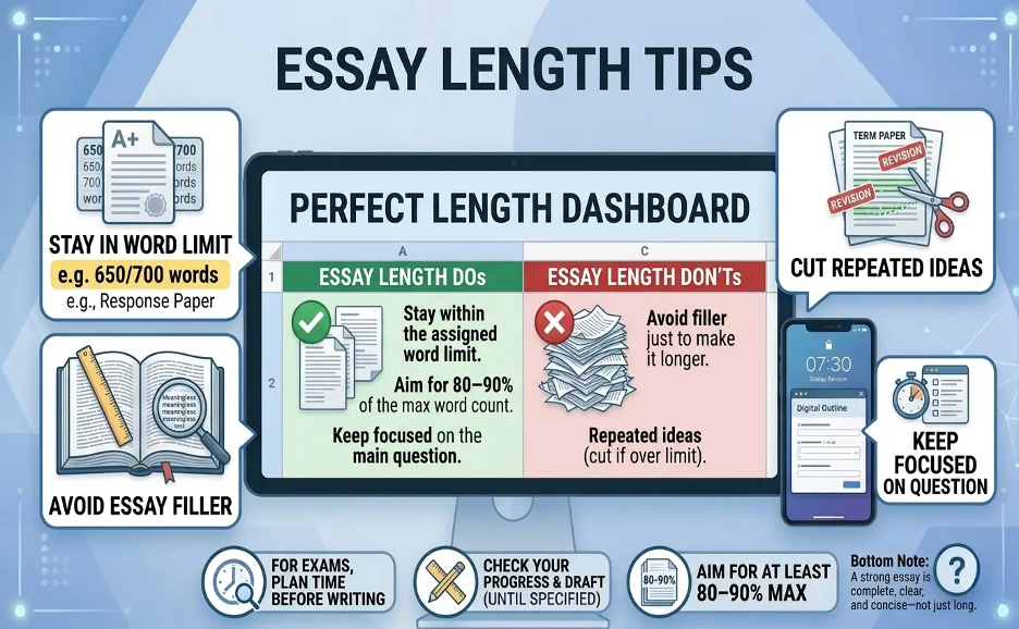 Essay length tips explaining how to stay within word limits and avoid writing too little or too much