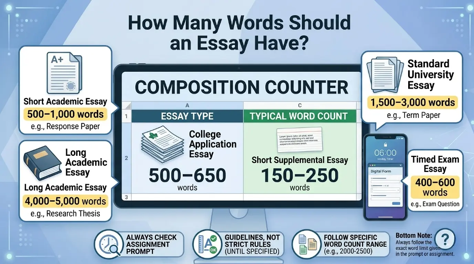 Essay word count guide showing recommended word ranges for college applications, academic essays, and exam essays