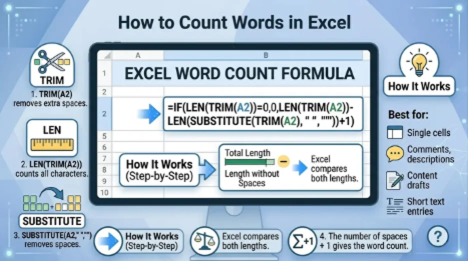 Infographic showing how to count words in Excel using LEN, TRIM, and SUBSTITUTE formula.