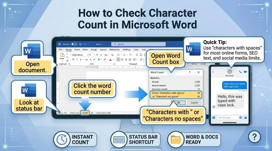 Infographic showing how to check character count in Microsoft Word using the Word Count tool
