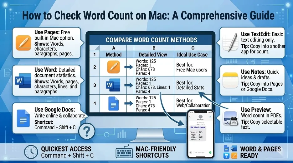 How to check word count on Mac using Pages, Microsoft Word, Google Docs, TextEdit, Notes, Preview, and Terminal.