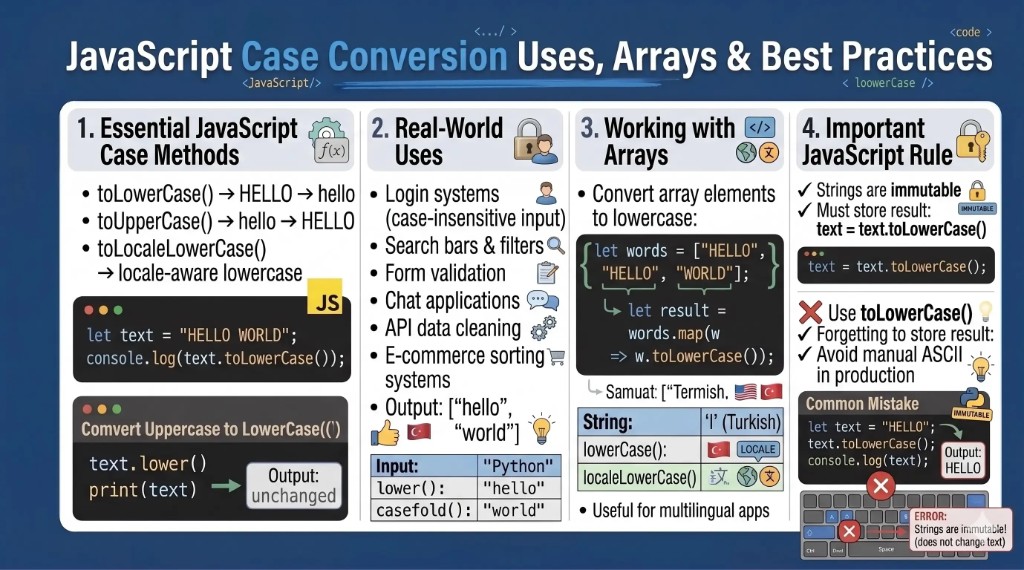 JavaScript string case conversion guide showing toLowerCase(), array mapping, real-world uses, best practices, and common mistakes in uppercase to lowercase conversion