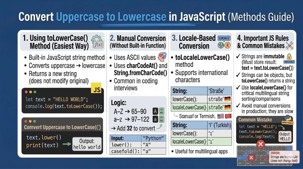 How to convert uppercase to lowercase in JavaScript using toLowerCase(), ASCII manual conversion, and toLocaleLowerCase() with code examples