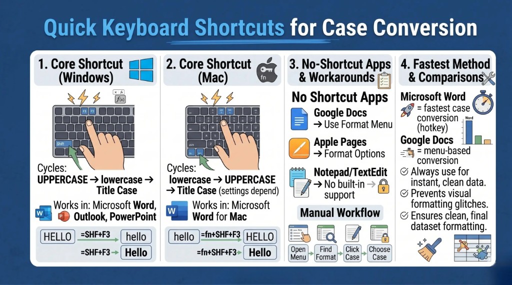 Keyboard shortcut guide showing how to convert uppercase to lowercase text on Windows and Mac using Shift + F3 and fn + Shift + F3 in word processing applications.