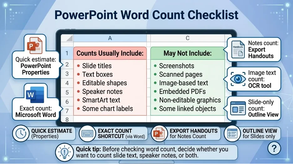 Infographic checklist explaining what PowerPoint counts and does not count when checking presentation word count.