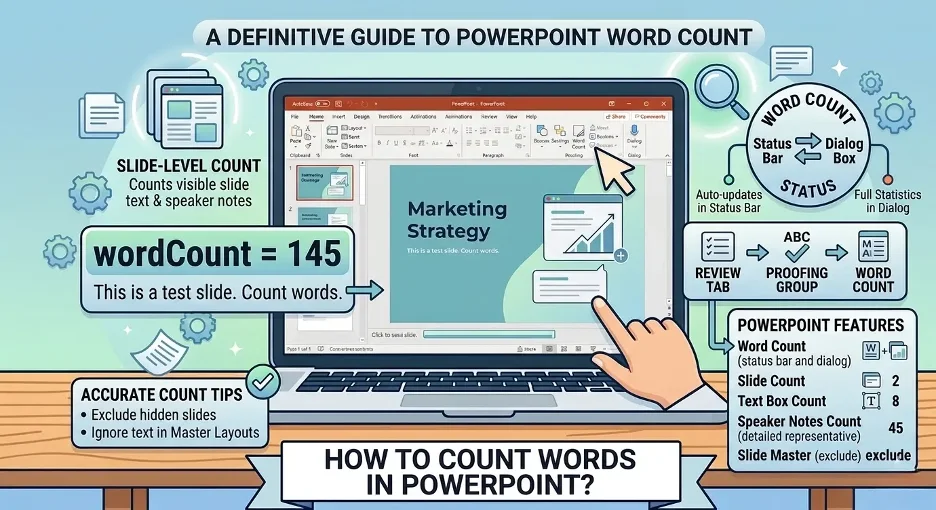 Infographic showing the best ways to count words in PowerPoint using file properties, Word export, Outline View, and speaker notes.