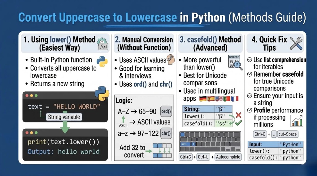 How to convert uppercase to lowercase in Python using lower() method, casefold(), and manual ASCII conversion with examples and code snippets
