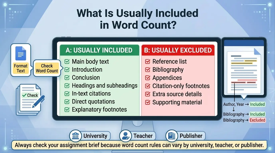 Infographic showing which parts of an academic paper are usually included in word count, such as main text, headings, citations, and quotations
