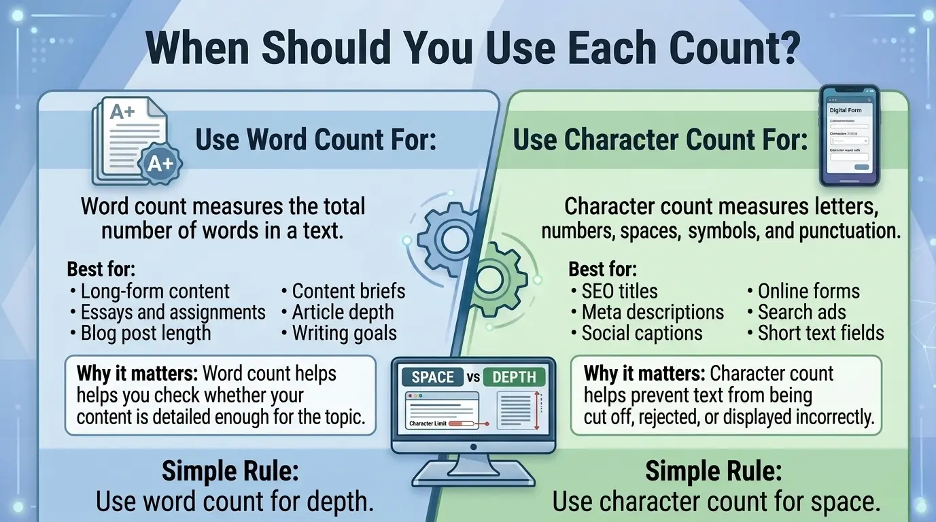 Infographic showing when to use word count and when to use character count for writing and SEO