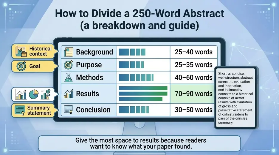 Abstract structure infographic showing how to divide a 250-word abstract into background, purpose, methods, results, and conclusion