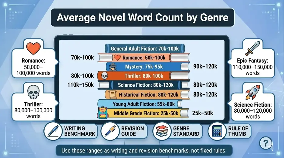 Average novel word count by genre chart showing typical ranges for romance, thriller, fantasy, sci-fi, historical fiction, YA, and middle grade.