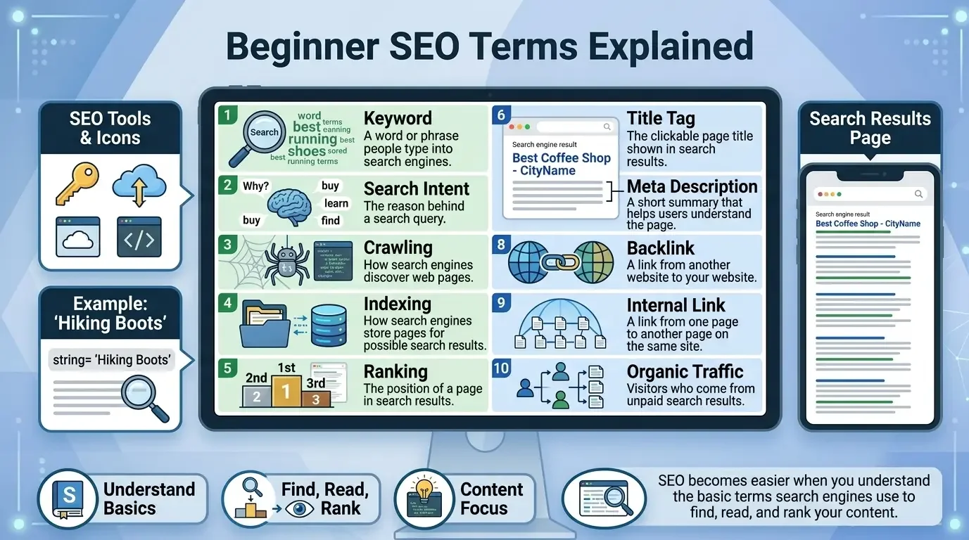 Beginner SEO terms explained with keywords, search intent, crawling, indexing, ranking, title tags, backlinks, and organic traffic.