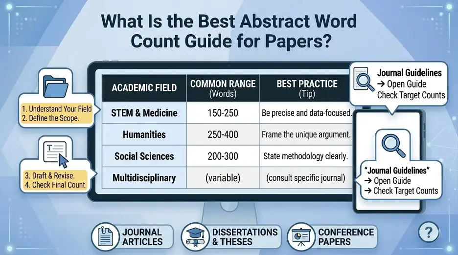 Best abstract word count guide for papers showing recommended abstract lengths for essays, research papers, journal articles, and dissertations