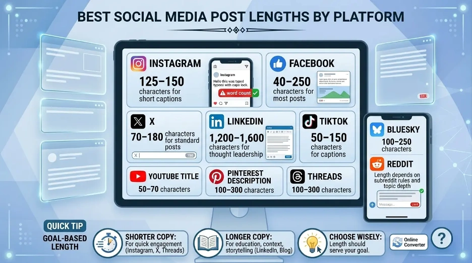 Infographic explaining the best recommended social media post lengths for Instagram, Facebook, X, LinkedIn, TikTok, YouTube, Pinterest, Threads, Bluesky, and Reddit