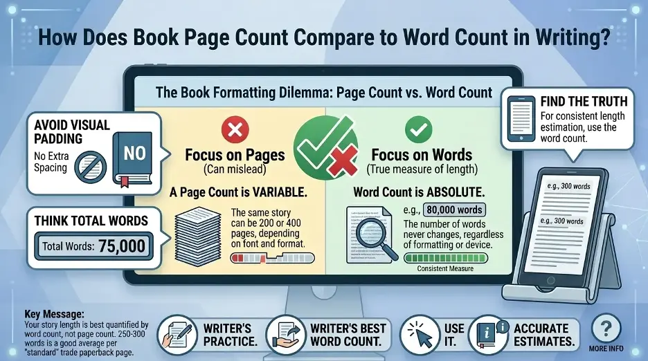 Infographic explaining why writers should focus on total word count instead of page count when estimating book length.