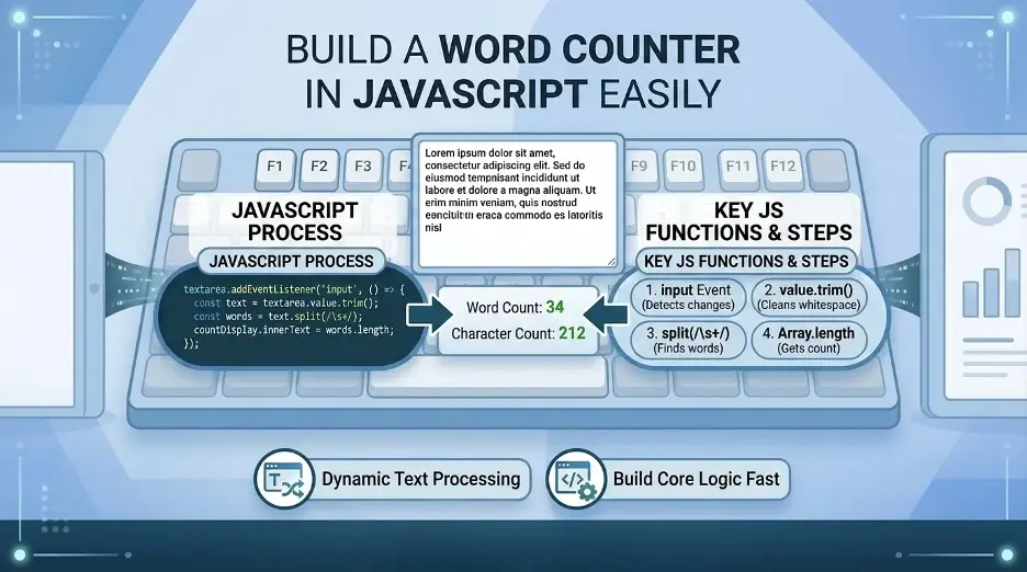 Build a word counter in JavaScript using input events, trim, split, arrays, and live text processing