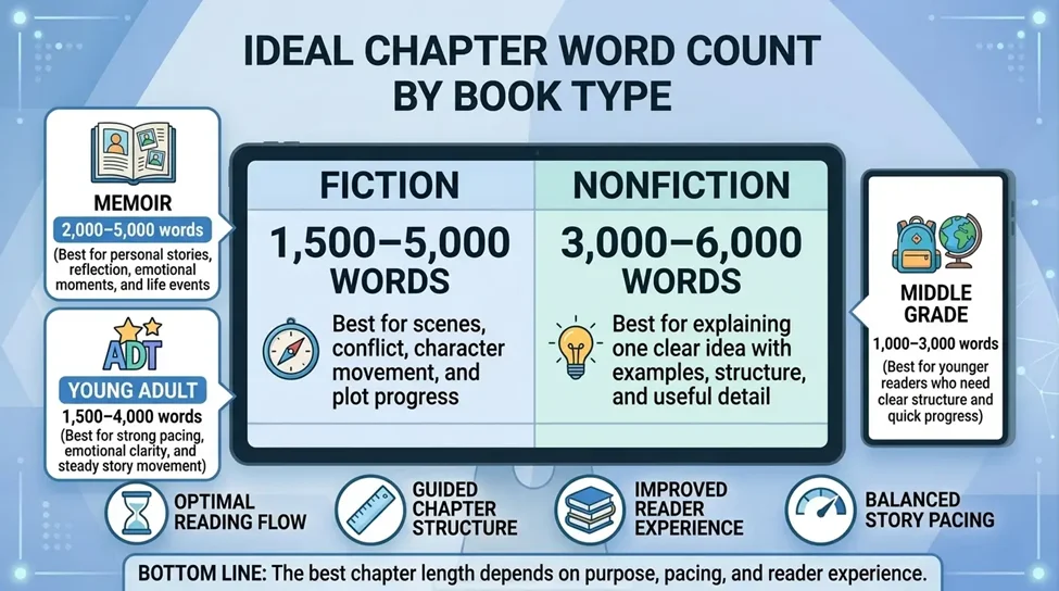 Chapter word count by book type guide showing recommended lengths for fiction, nonfiction, memoir, young adult, and middle grade chapters.