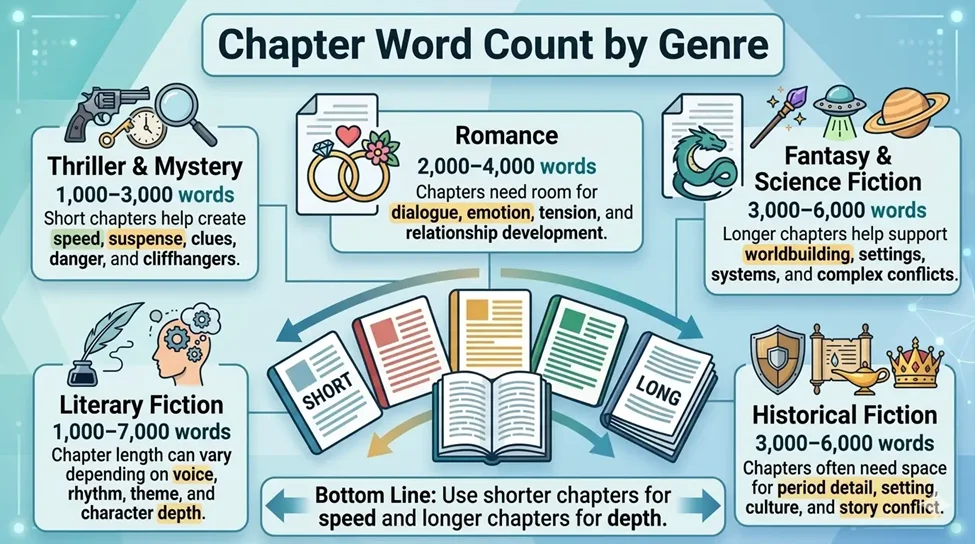 Infographic explaining common chapter word count mistakes and how to avoid filler, premature endings, and genre pacing errors.
