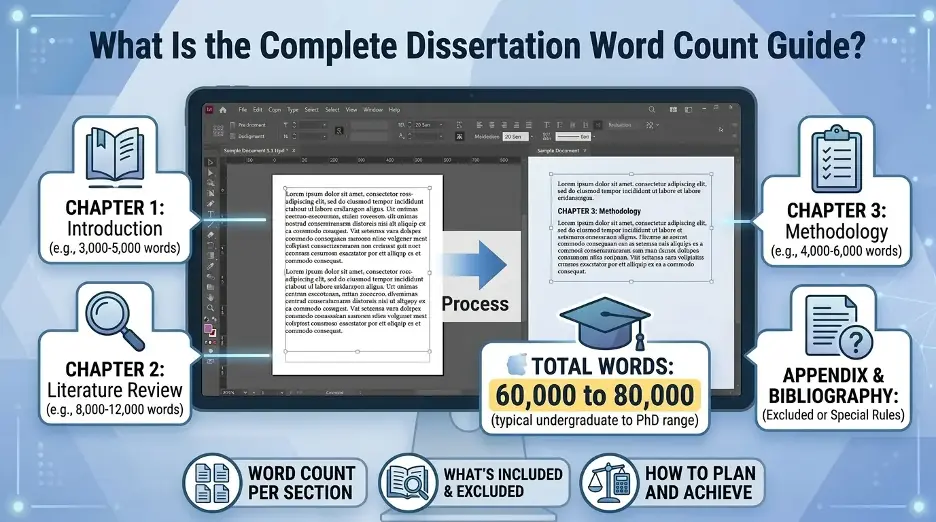 Complete dissertation word count guide infographic showing chapter word counts, total words, and appendix rules