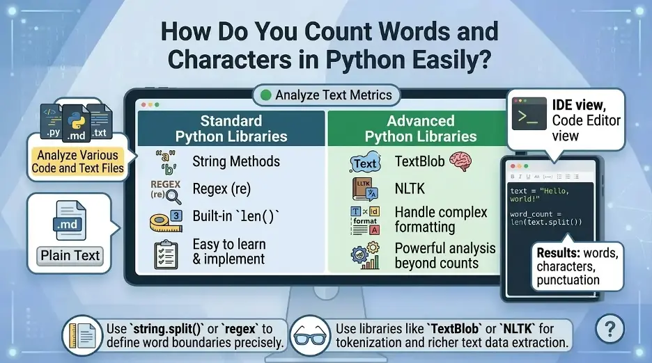 Infographic comparing standard and advanced Python libraries for counting words, characters, and text metrics.