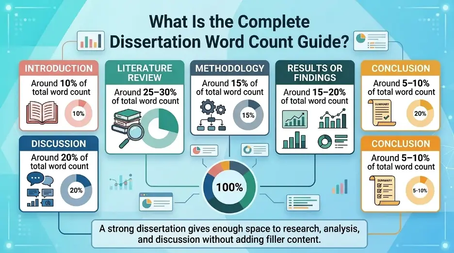 Dissertation chapter word count breakdown infographic showing suggested percentage ranges for introduction, literature review, methodology, findings, discussion, and conclusion