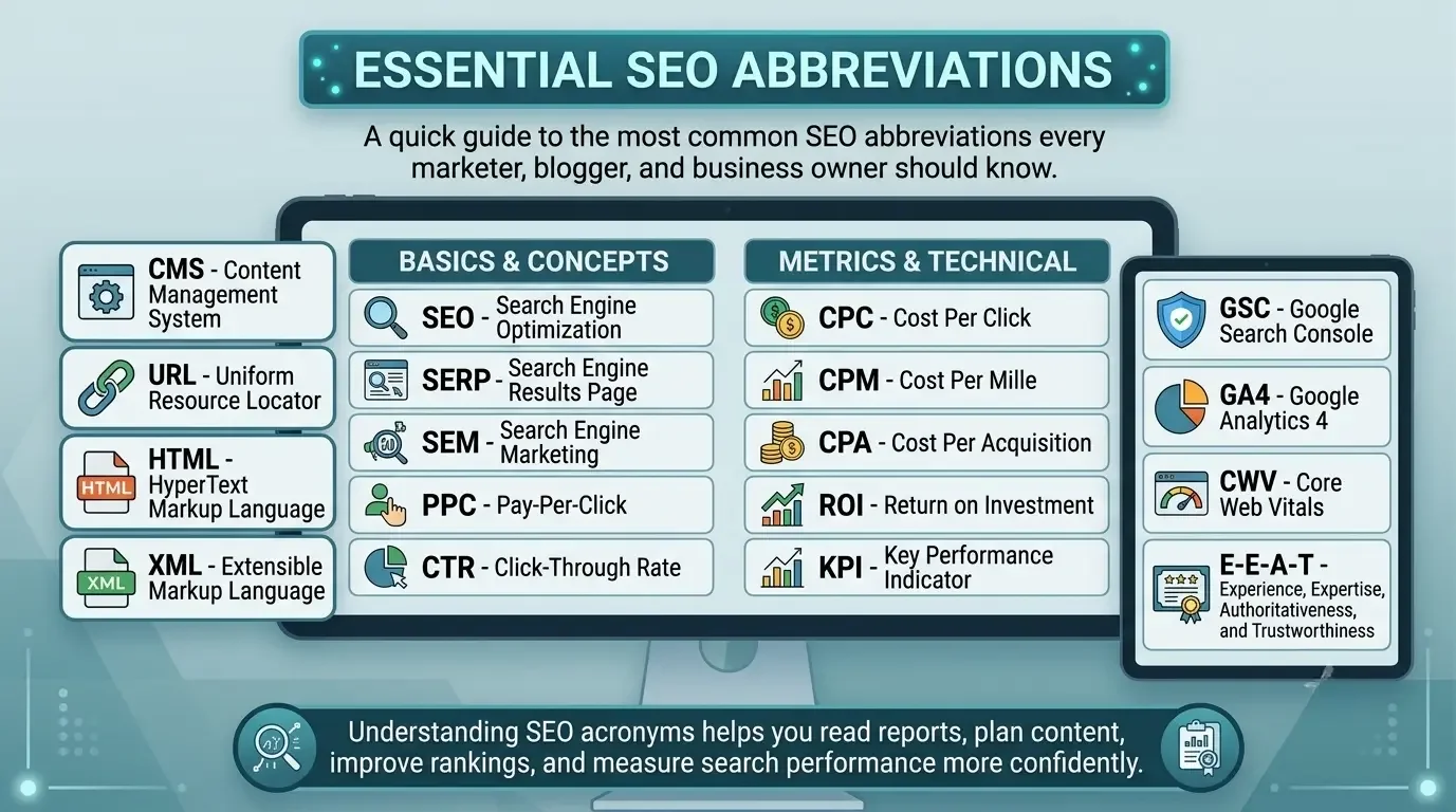 Essential SEO abbreviations infographic showing common SEO terms such as SEO, SERP, CTR, GSC, GA4, CWV, CMS, URL, HTML, and E-E-A-T.