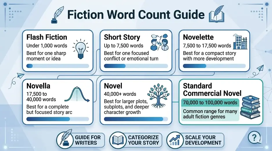 Fiction word count guide showing ranges for flash fiction, short stories, novelettes, novellas, novels, and standard commercial novels.