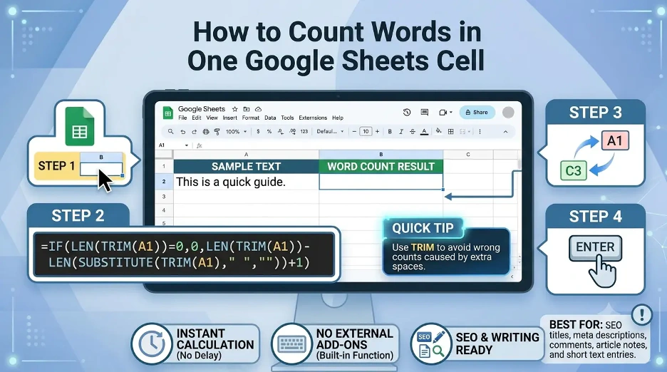 Google Sheets word count formula showing how to count words in a single cell using TRIM, LEN, and SUBSTITUTE