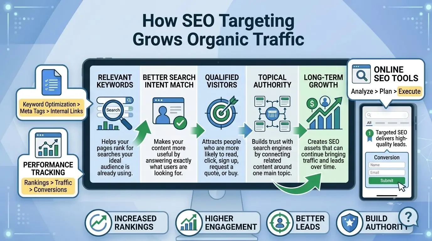 Infographic showing how SEO targeting grows organic traffic through relevant keywords, search intent matching, qualified visitors, topical authority, and long-term growth.