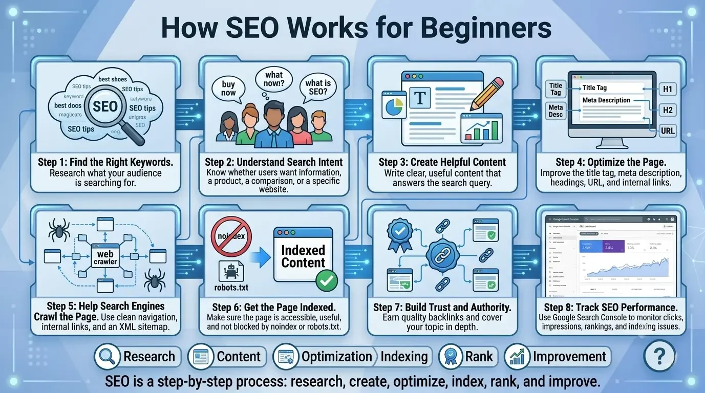 How SEO works for beginners, showing keyword research, search intent, content creation, optimization, indexing, ranking, and tracking.