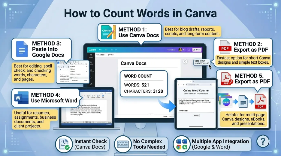 Infographic showing the best ways to count words in Canva using Canva Docs, Google Docs, Microsoft Word, online word counters, and PDF export.