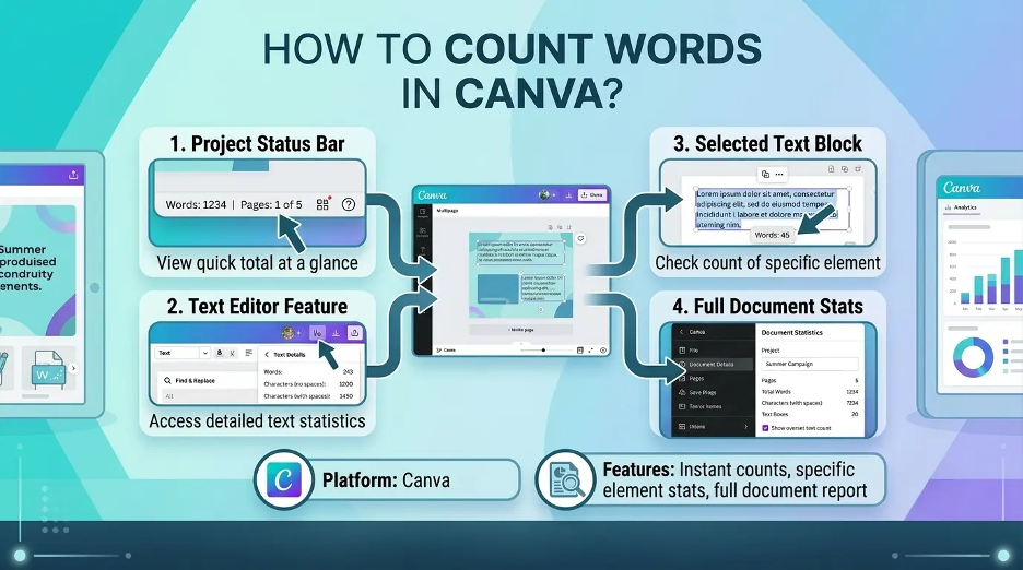 How to count words in Canva using Canva Docs, Google Docs, Microsoft Word, online word counters, and PDF export.